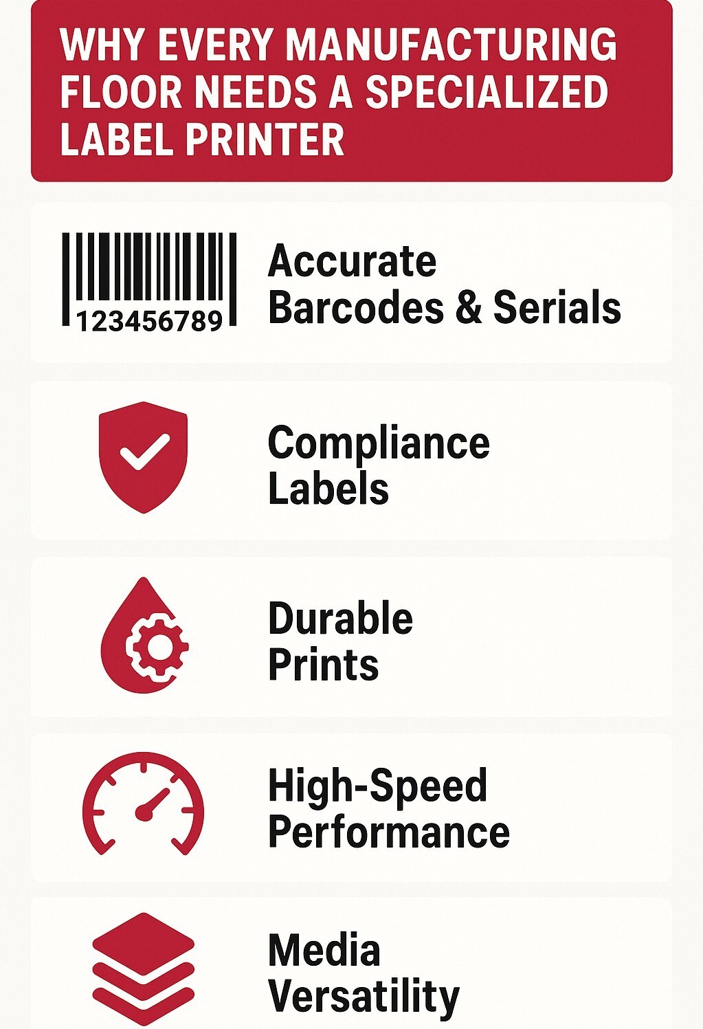 Specialized label printer infographic with five key benefits.