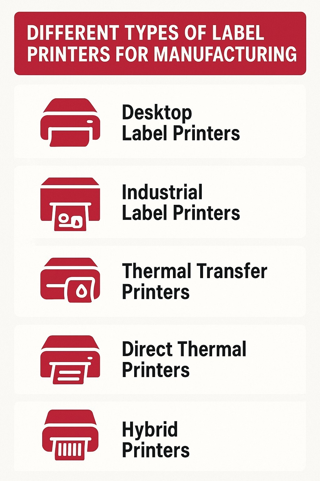 Infographic showing types of label printers for manufacturing